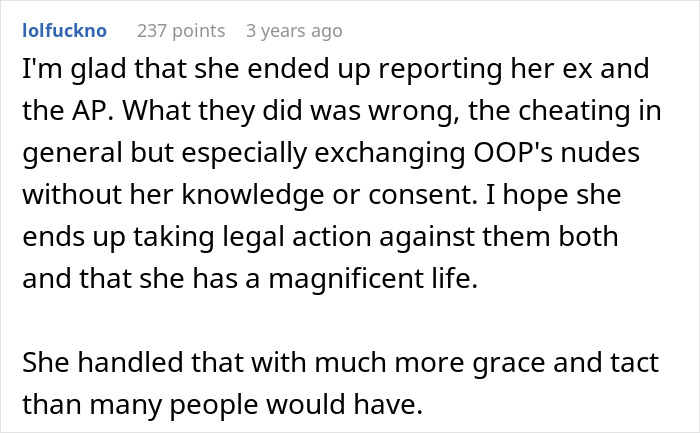 User comment glad about reporting cheating and exchanging nudes without consent