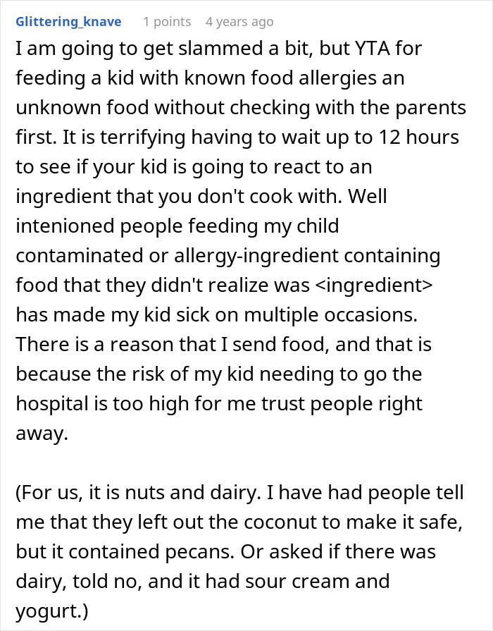 Reddit comment on the danger of feeding children with allergies (nuts, dairy) without consent. Relevant to trying to transition a son into vegan.