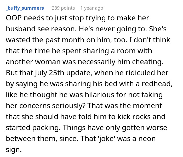 A Reddit comment advises a woman to leave her married man partner who shared a hotel room with a random woman.