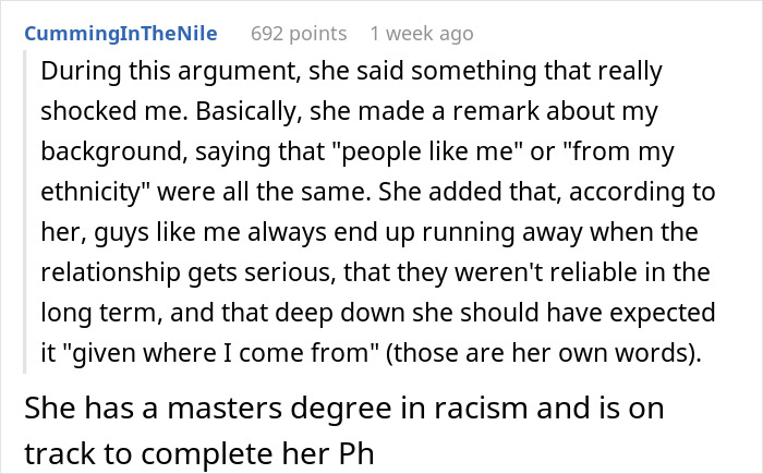 Reddit post where a GF Says Racist Thing about her boyfriend's ethnicity during an argument. He calls her a master of racism.
