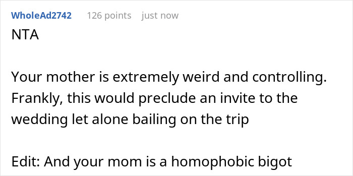 Comment showing strong disapproval of mother controlling sleeping arrangements with wife-to-be in relationship dilemma
