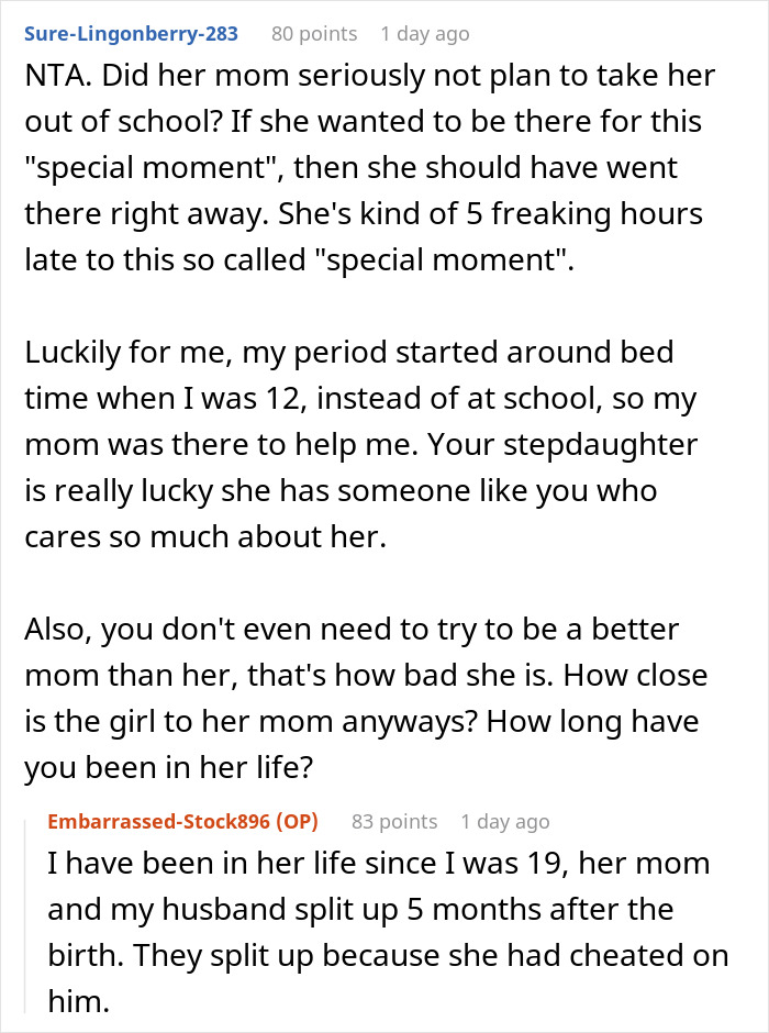 Screenshot of a Reddit post discussing a cruel mom, period, and a horrified stepmom intervening.