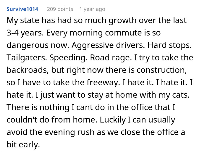 Comment expressing frustration about dangerous commutes and desire to stay home after work from home canceled. Comment expressing frustration about dangerous commutes and desire to stay home after work from home canceled.
