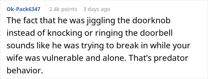 A Reddit comment on strange behavior on camera, discussing a friend jiggling a doorknob, predator behavior when a woman is alone.