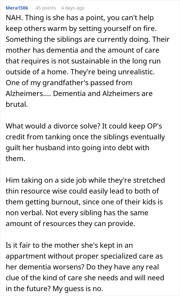 Woman Threatens Divorce If Husband Financially Contributes To His Mother's Care: "Told Him That Is Nuts"