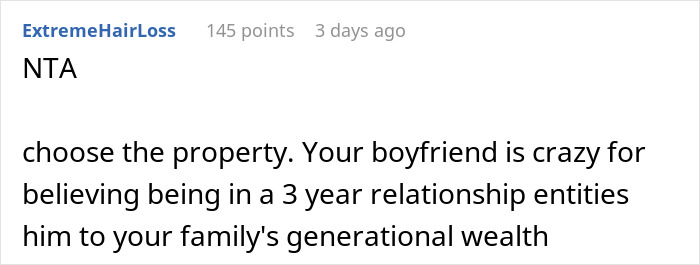 A Reddit comment advises a woman to accept property, stating her boyfriend's feelings are a personal attack on her wealth.