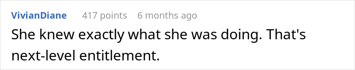 A Reddit comment from VivianDiane reads: "She knew exactly what she was doing. That's next-level entitlement." A random stranger taking a seat at a wedding table exemplifies entitlement.