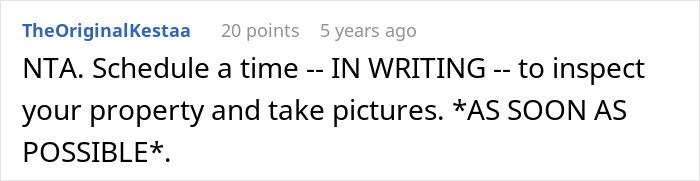 Screenshot of a Reddit comment advising to schedule a written inspection of property as soon as possible.