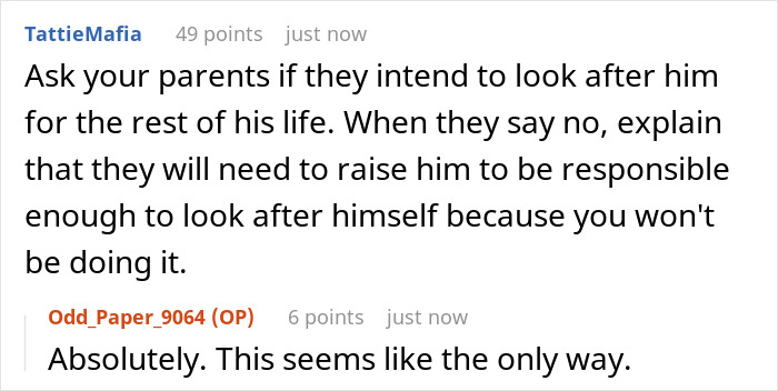 Screenshot of a Reddit conversation discussing responsibility for caring for an autistic brother and gratitude challenges. Screenshot of a Reddit conversation discussing responsibility for caring for an autistic brother and gratitude challenges.