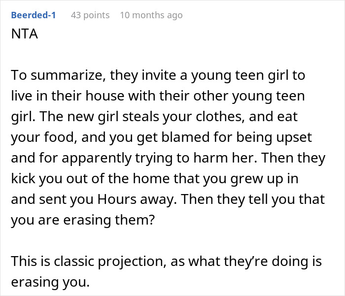 Reddit comment describing a teen pushed out of her home due to a cousin's repeated lies and theft, leading to cutting contact.