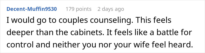 Comment discussing couples counseling and conflict over cabinets with frustration and lack of communication between partners.