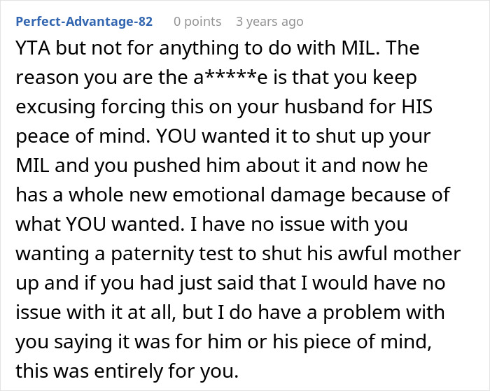 A reddit comment about a DNA test and unraveling a MIL's dark secret, discussing emotional damage caused.
