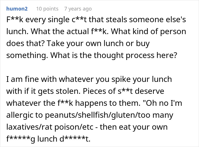 A Reddit post about a food thief, with a user expressing anger over stolen lunch and iced sweet tea, suggesting consequences.