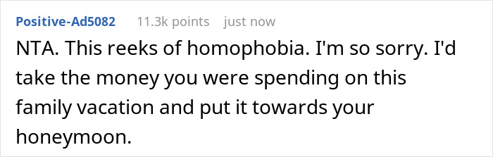 Comment discussing homophobia and suggesting using vacation money for honeymoon amid woman&rsquo;s sleeping arrangement dilemma with wife-to-be.