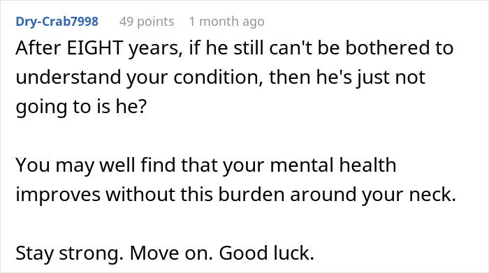 Text comment from user Dry-Crab7998 offering advice on mental health and moving on after a relationship ends over a small issue.