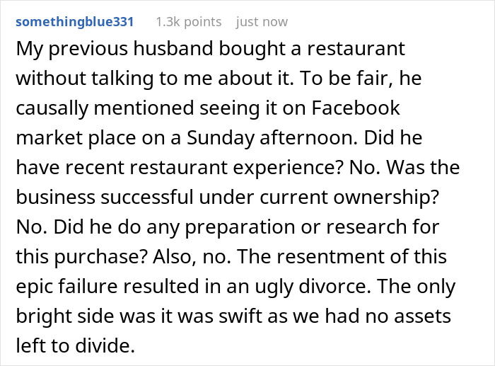 A Reddit post details a husband's impulsive restaurant purchase leading to divorce and financial ruin, highlighting husband-house-hoarder-finances.