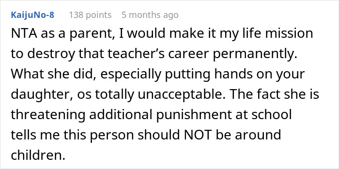Alt text: Reddit comment criticizing teacher grabbing kids, emphasizing unacceptable behavior and concerns for child safety.