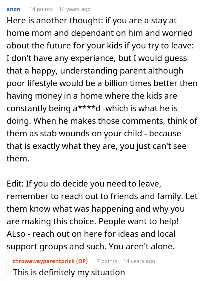 Comment discussing a mom's experience with an awesome husband to her but a jerk to their kids, offering advice and support. Comment discussing a mom's experience with an awesome husband to her but a jerk to their kids, offering advice and support.