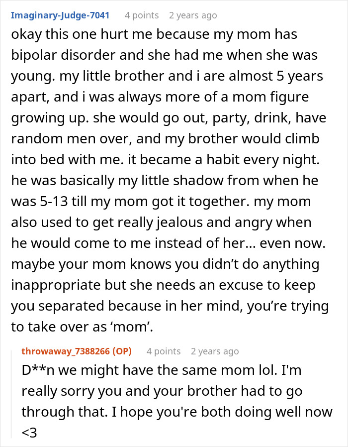 A screenshot of a Reddit comment where a sister shares her experience letting her scared brother sleep in her bed.