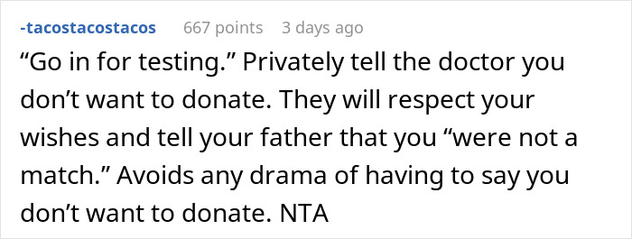 Reddit comment advising to privately refuse kidney donation to 77-year-old dad to avoid family drama.