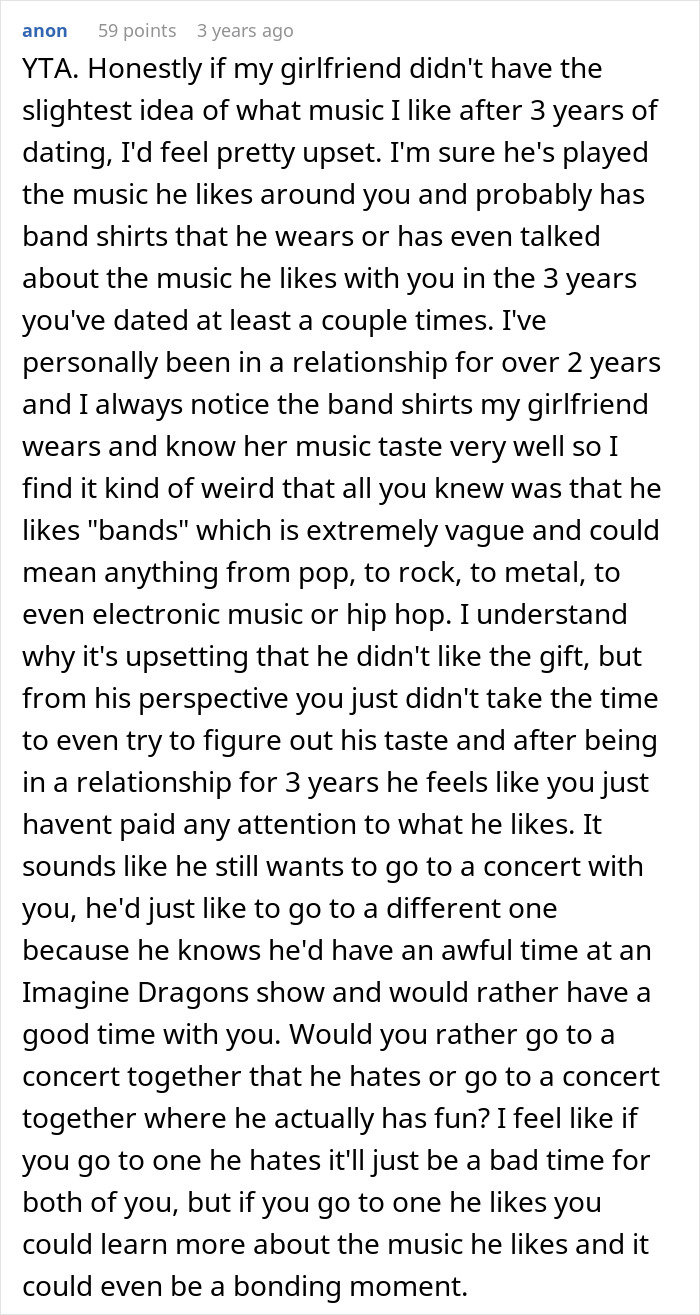 Comment discussing a woman buying concert tickets for boyfriend who loves bands and his emotional reaction.