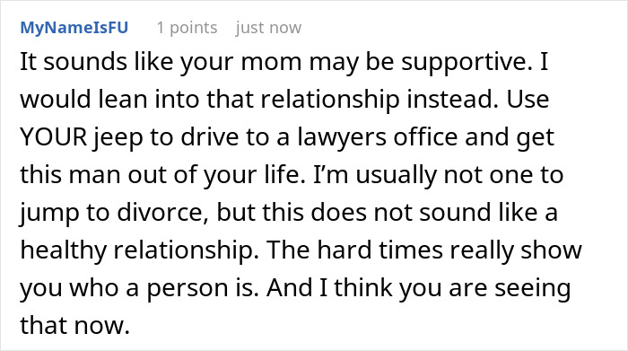 A comment thread suggesting divorce from a husband refusing to help with cervical cancer due to a toothache.