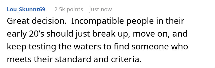 Screenshot of a Reddit comment discussing relationship compatibility and advice on breaking up in early 20s.
