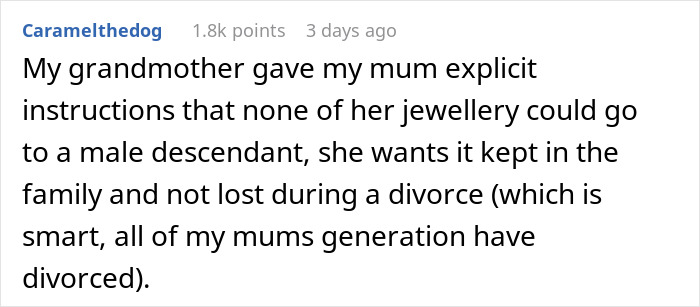 Reddit user shares family heirloom ring rules amid bro demanding it for his proposal, causing sibling conflict over selfishness.