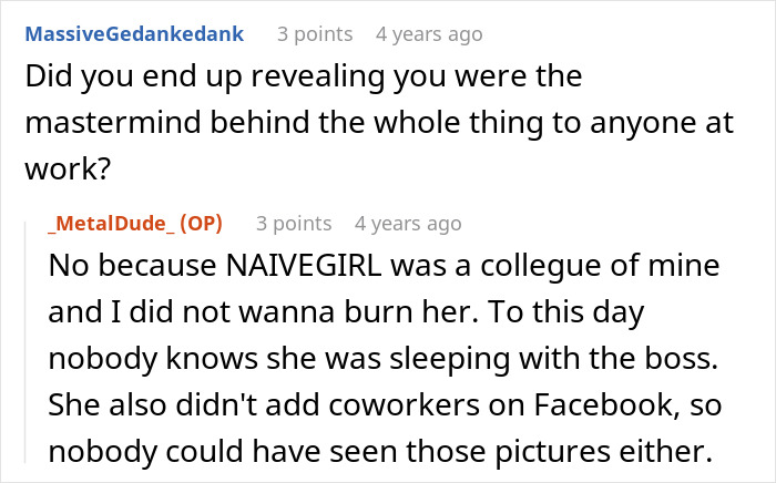 A Reddit screenshot showing a user responding to a question about revenge on a horrible boss.