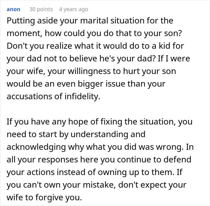 A comment from a user named 'anon' stating a paternity test can lose his whole family due to hurting his son.