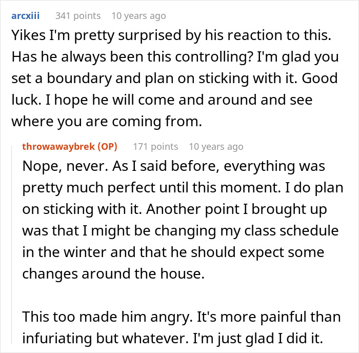 A reddit post showing a comment thread where a user discusses how her husband blows up at wife over cooking breakfast.