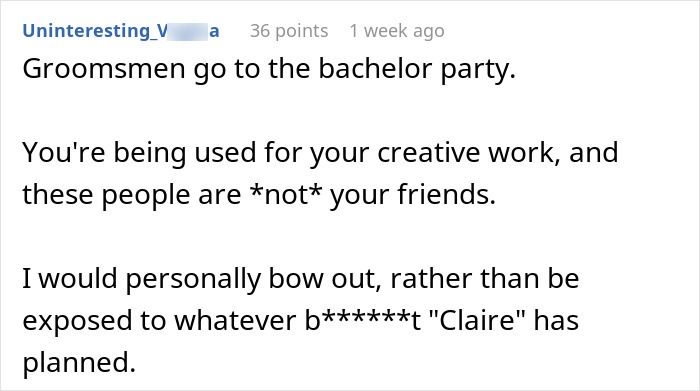 Text post discussing a groomsman advised to avoid drama involving an ex-girlfriend cheating and wedding conflicts. Text post discussing a groomsman advised to avoid drama involving an ex-girlfriend cheating and wedding conflicts.