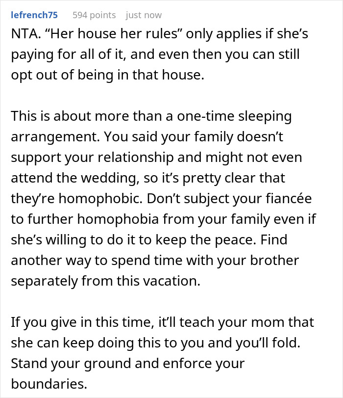 Commenter advises standing firm on boundaries as woman faces dilemma with mother controlling sleeping arrangement with wife-to-be.
