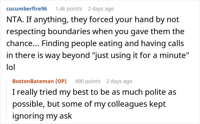 Reddit comments discussing locking a school office, with staff kept using it, prompting boundary issues and frustration.