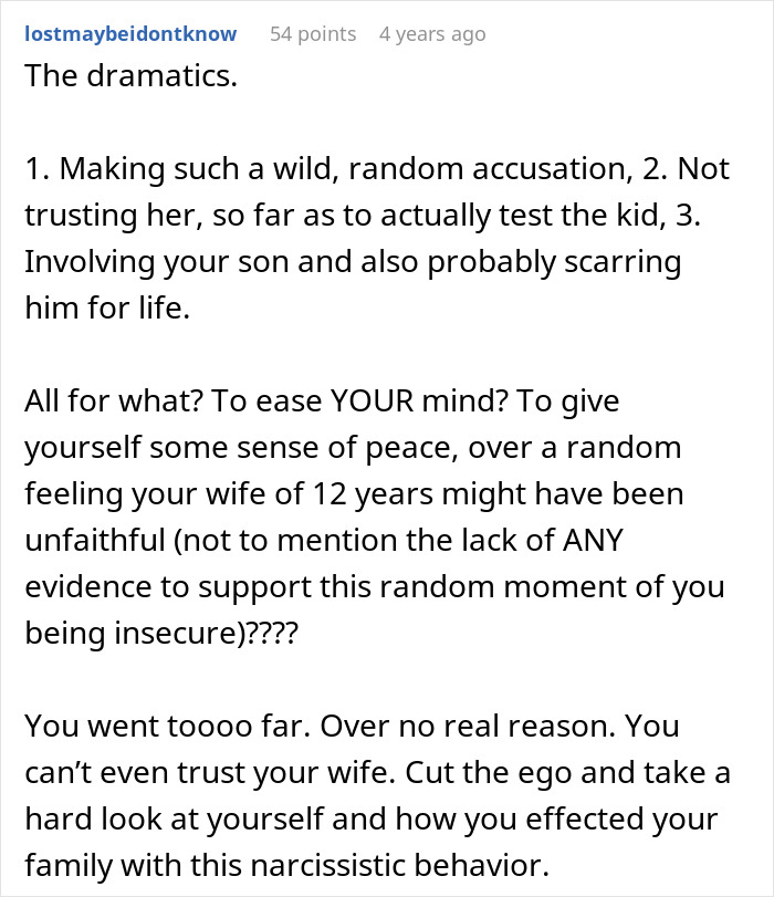 Reddit text post discussing a man demanding a paternity test and losing his whole family. It details the drama and emotional toll.