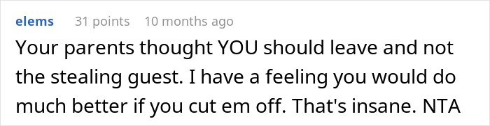 A comment screenshot advising a teen to cut contact with a stealing cousin after being pushed out of her house.