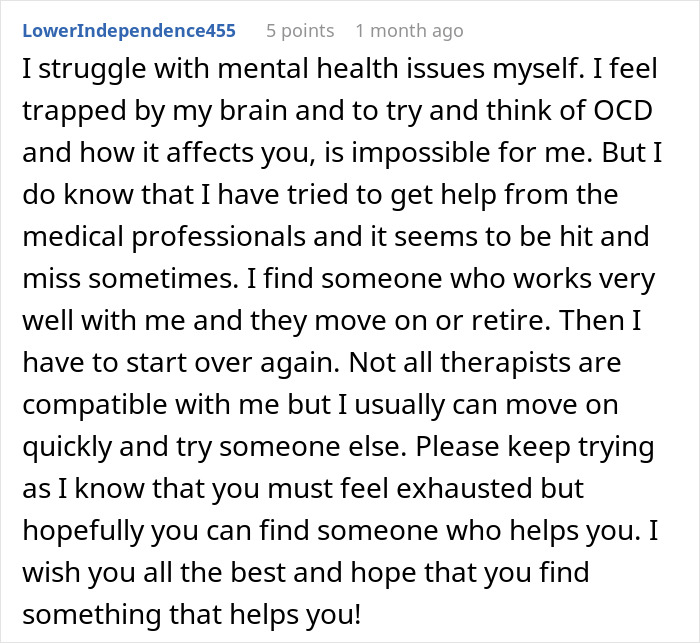 Comment about mental health struggles and therapy challenges shared in an online forum discussion thread.