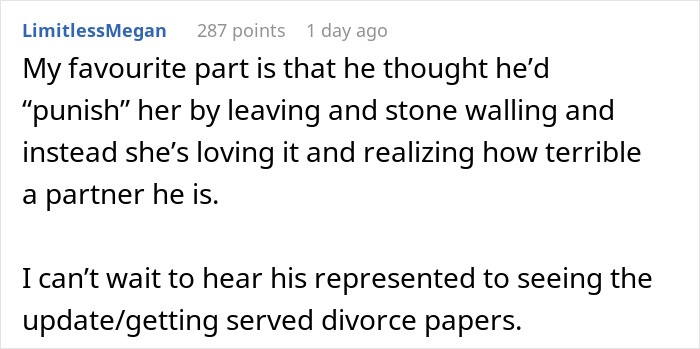 A Reddit comment discussing a woman leaving her job and marriage after a husband's disrespect, anticipating his reaction to divorce.