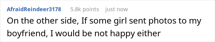 Screenshot of a social media comment reacting to a girl showing piercings with topless pics to friends upsetting her boyfriend.