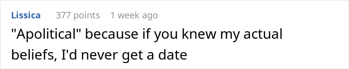 Reddit comment by Lissica: Hiding beliefs to get a date, potentially like a GF's racist thing that needs forgiveness.