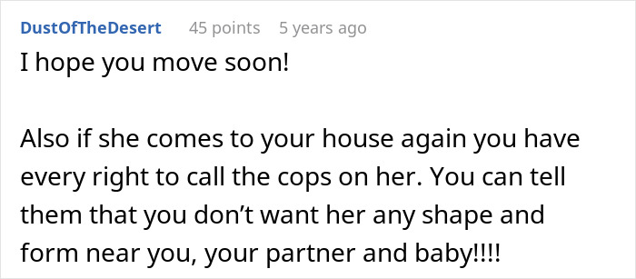Comment warning about mom&rsquo;s creepy behavior and advising to call cops to protect woman, partner, and baby.