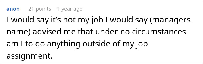 Text post from anon saying they were told by management not to do anything outside their job assignment, reflecting management chews out worker.