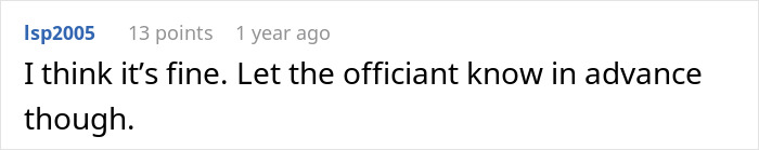 A Reddit comment advises a panicking bride to tell the officiant about legally marrying early, as it's fine.