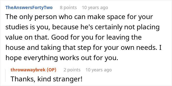 A Reddit comment advising someone to prioritize their studies, highlighting a situation where a husband blows up at wife.