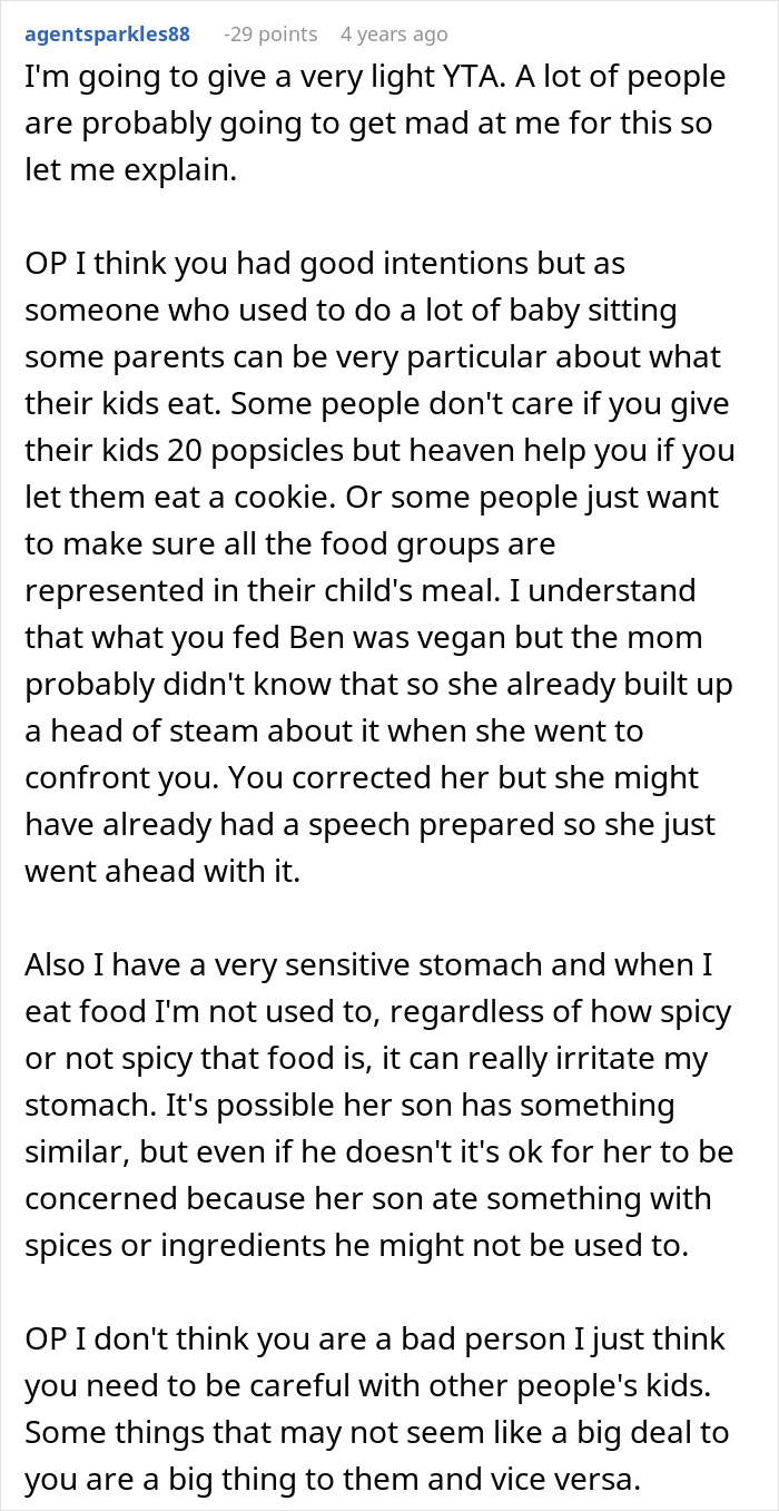 Reddit comment discussing why trying to transition a son into vegan diet as a babysitter can be problematic.