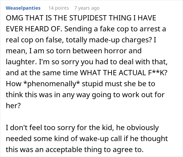 Comment about homophobic MIL sending fake cop to arrest son&rsquo;s boyfriend who is a real police officer, expressing shock and disbelief.