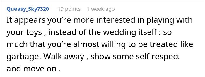 Comment discussing relationship drama involving an ex-girlfriend cheating and wedding guest removal demands. Comment discussing relationship drama involving an ex-girlfriend cheating and wedding guest removal demands.