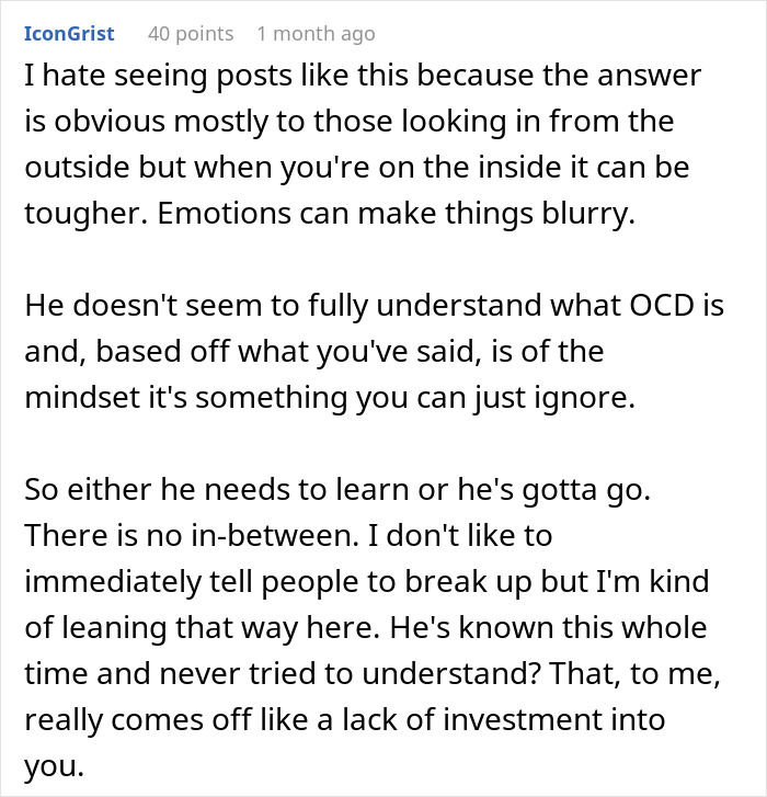 Comment discussing relationship struggles and emotional challenges related to understanding OCD and commitment issues.