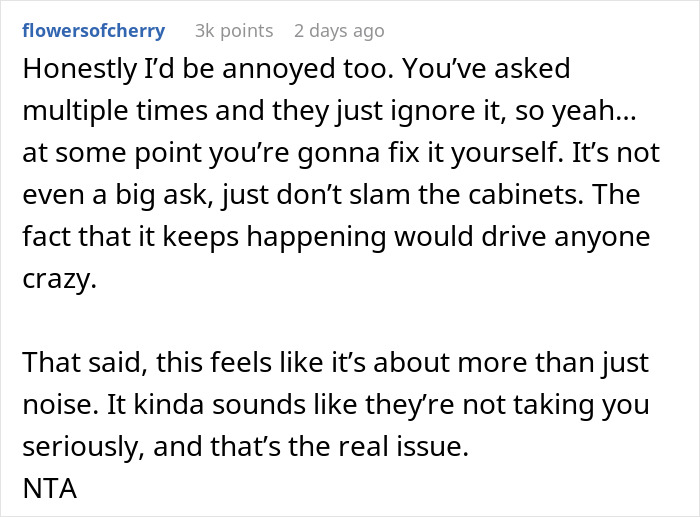 Comment discussing frustration with cabinet slamming and a solution involving supergluing rubber to stop noise.