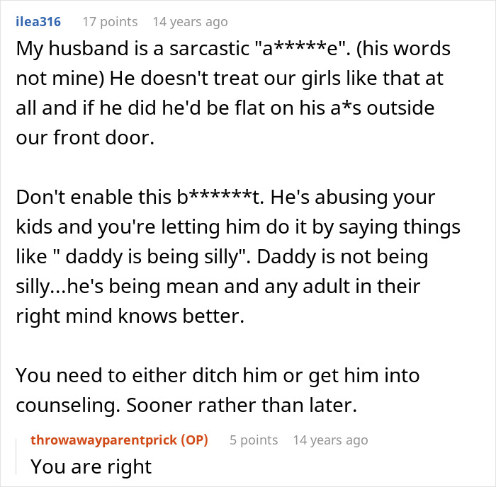 Alt text: Online comments discussing a husband who is awesome to his wife but a complete jerk to their kids. Alt text: Online comments discussing a husband who is awesome to his wife but a complete jerk to their kids.